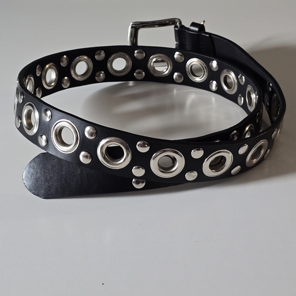Black Faux Leather and Silver Studded Grommet Belt - Picture 3 of 4